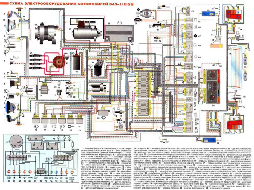 Электрическая схема ВАЗ 21214 (21213, 2121 и 2131) Нива инжектор и карбюратор с описанием проводки
